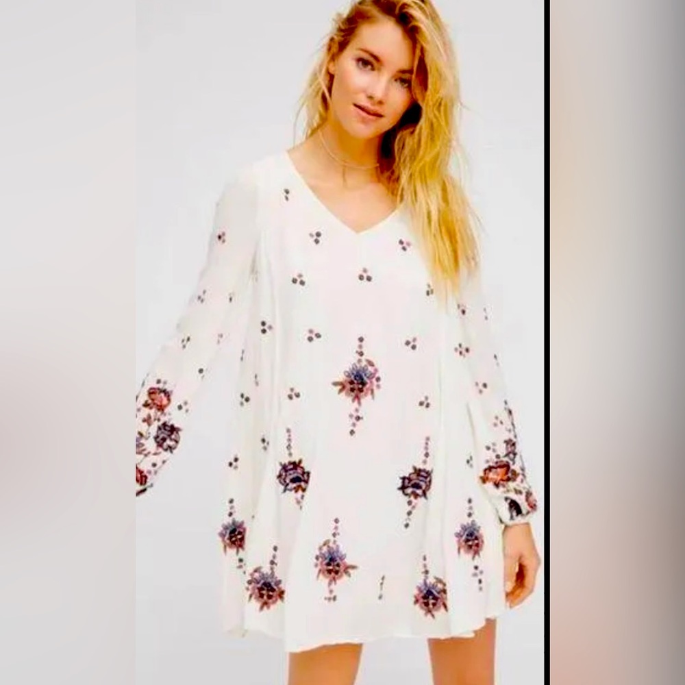 Free People White Floral Embroidered Long Sleeve Austin Mini Dress small